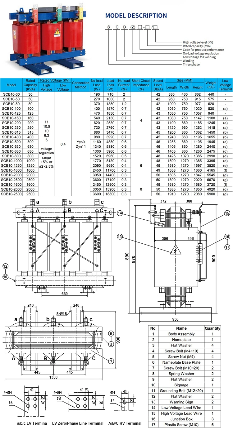 50kVA 70kVA 100kVA 120kVA 200kVA 500kVA 800kVA 1000kVA 1250kVA 10kv 400V High Voltage 3 Phase Indoor Dry Type Resin Cast Insulated Electrical Power Transformers